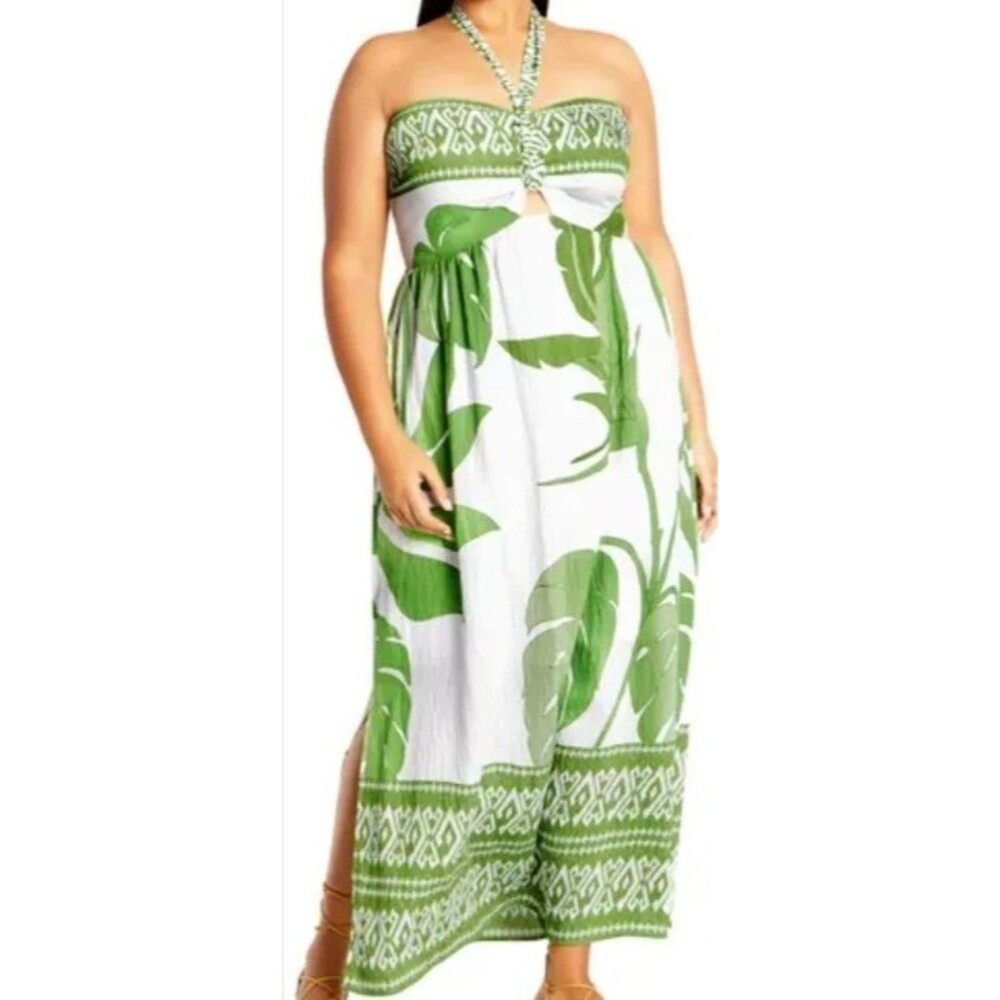 City Chic Peta Green White Border Palm Print Tie Neck Halter Maxi Dress Size 18